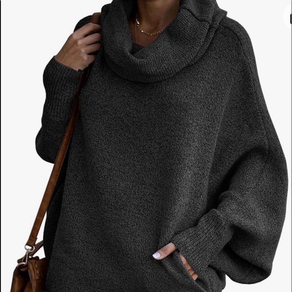 Cowl neck, bat wing, dark grey sweater